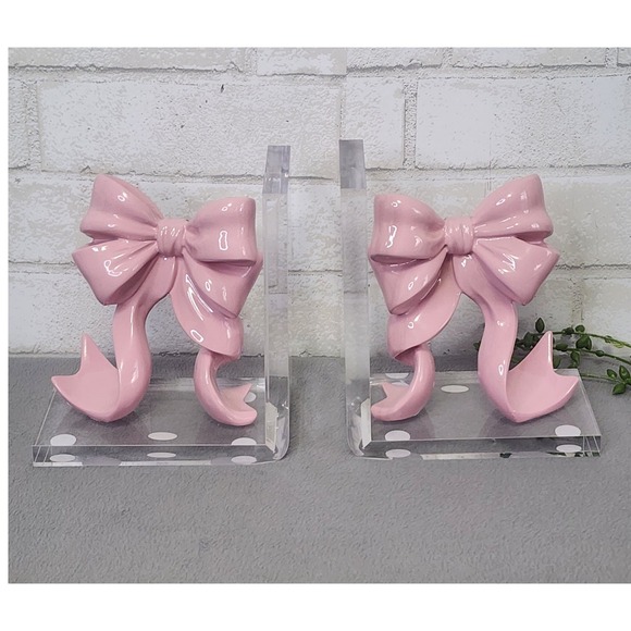 The Unbranded Brand Other - Pink Bow Bookends Coquette Bookend Acrylic Resin Girly Office Nursery 2 Pc Clear